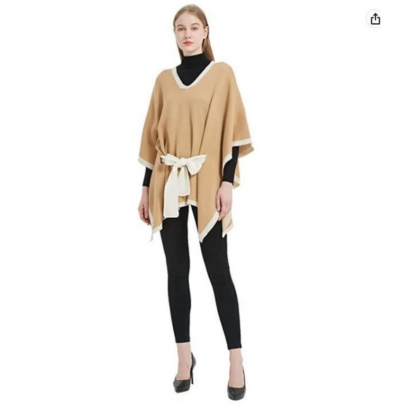 SAVE THE OCEAN colorblock recycled materials women's belted poncho - CAMEL - Picture 1 of 5